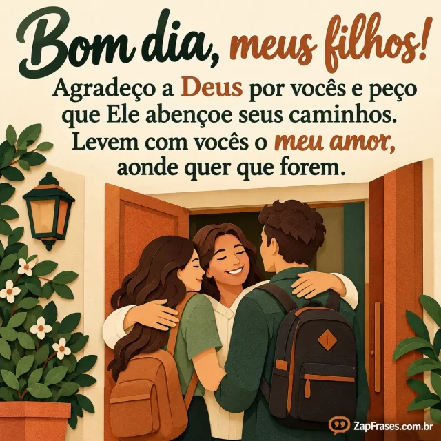 Família adulta se despedindo com abraço na porta de casa.. Arte com a mensagem: Bom dia, meus filhos! Agradeço a Deus por vocês e peço que Ele abençoe seus caminhos. Levem com vocês o meu amor, aonde quer que forem.