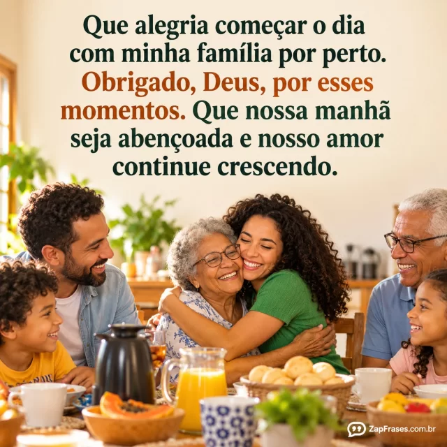 Família brasileira multigeracional no café da manhã com abraço entre avó e neta adulta.. Arte com a mensagem: Que alegria começar o dia com minha família por perto. Obrigado, Deus, por esses momentos. Que nossa manhã seja abençoada e nosso amor continue crescendo.