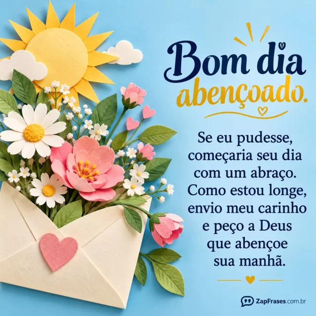 Envelope com flores e sol estilizado, composição lateral, fundo azul-suave.. Arte com a mensagem: Bom dia abençoado. Se eu pudesse, começaria seu dia com um abraço. Como estou longe, envio meu carinho e peço a Deus que abençoe sua manhã.