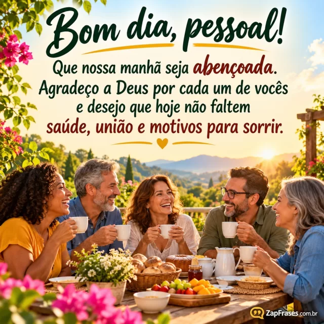 Amigos adultos ao redor de mesa de café, sorrisos tranquilos, jardim da manhã.. Arte com a mensagem: Bom dia, pessoal! Que nossa manhã seja abençoada. Agradeço a Deus por cada um de vocês e desejo que hoje não faltem saúde, união e motivos para sorrir.