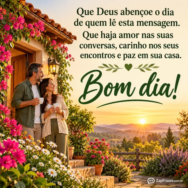 Jardim florido diante de casa pequena ao amanhecer, casal adulto à porta.. Arte com a mensagem: Que Deus abençoe o dia de quem lê esta mensagem. Que haja amor nas suas conversas, carinho nos seus encontros e paz em sua casa. Bom dia!