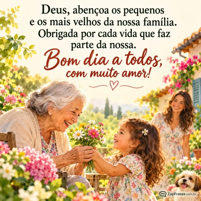 Avó e criança no jardim oferecendo flores, presença de mãe adulta ao fundo.. Arte com a mensagem: Deus, abençoa os pequenos e os mais velhos da nossa família. Obrigada por cada vida que faz parte da nossa. Bom dia a todos, com muito amor!