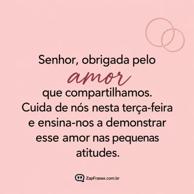 Dois anéis em desenho discreto, fundo rosé.. Arte com a mensagem: Senhor, obrigada pelo amor que compartilhamos. Cuida de nós nesta terça-feira e ensina-nos a demonstrar esse amor nas pequenas atitudes.