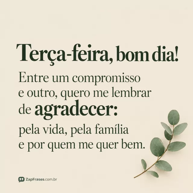 Um ramo discreto de eucalipto, fundo areia.. Arte com a mensagem: Terça-feira, bom dia! Entre um compromisso e outro, quero me lembrar de agradecer: pela vida, pela família e por quem me quer bem.