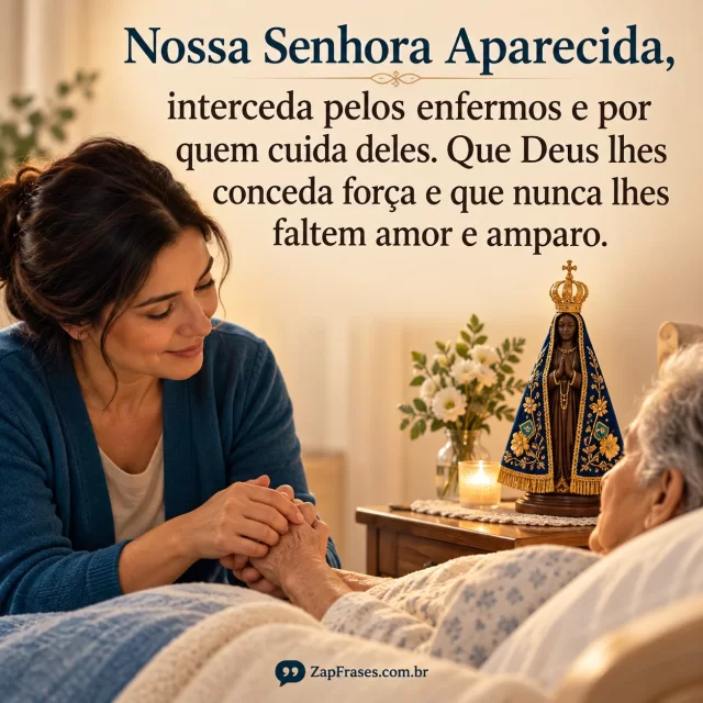 Cuidadora adulta segurando a mão de pessoa enferma, pequena imagem da Padroeira sobre mesa. Arte com a mensagem: Nossa Senhora Aparecida, interceda pelos enfermos e por quem cuida deles. Que Deus lhes conceda força e que nunca lhes faltem amor e amparo.