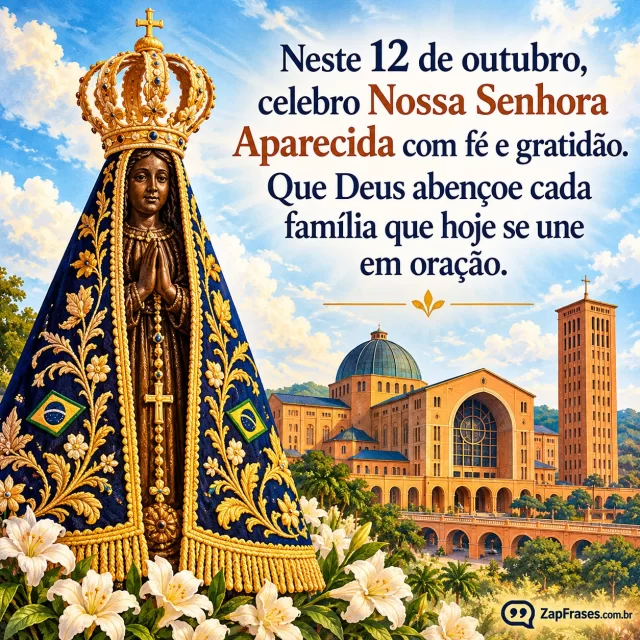 Santuário Nacional de Aparecida sob céu claro com imagem da Padroeira em primeiro plano. Arte com a mensagem: Neste 12 de outubro, celebro Nossa Senhora Aparecida com fé e gratidão. Que Deus abençoe cada família que hoje se une em oração.