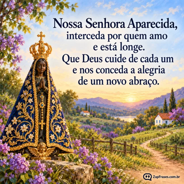 Paisagem de duas casas distantes ligadas por caminho, pequena imagem da Padroeira em primeiro plano. Arte com a mensagem: Nossa Senhora Aparecida, interceda por quem amo e está longe. Que Deus cuide de cada um e nos conceda a alegria de um novo abraço.