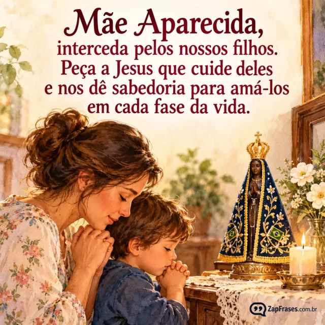 Mãe e filho em oração diante de pequena imagem de Nossa Senhora Aparecida, ambiente familiar. Arte com a mensagem: Mãe Aparecida, interceda pelos nossos filhos. Peça a Jesus que cuide deles e nos dê sabedoria para amá-los em cada fase da vida.