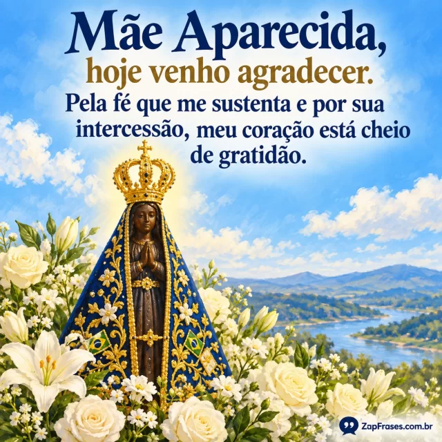 Nossa Senhora Aparecida cercada por flores brancas sob luz suave, céu azul limpo. Arte com a mensagem: Mãe Aparecida, hoje venho agradecer. Pela fé que me sustenta e por sua intercessão, meu coração está cheio de gratidão.