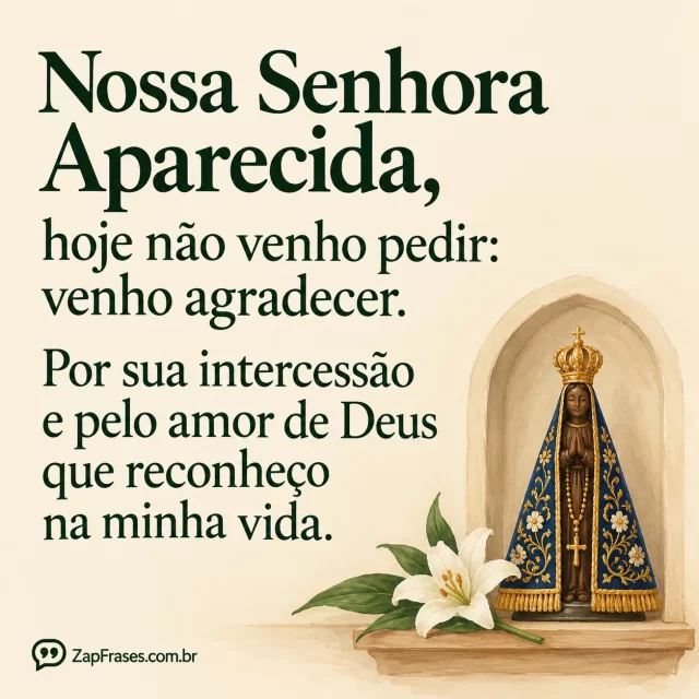 Pequena imagem da Padroeira e único ramo de lírio em nicho simples. Arte com a mensagem: Nossa Senhora Aparecida, hoje não venho pedir: venho agradecer. Por sua intercessão e pelo amor de Deus que reconheço na minha vida.