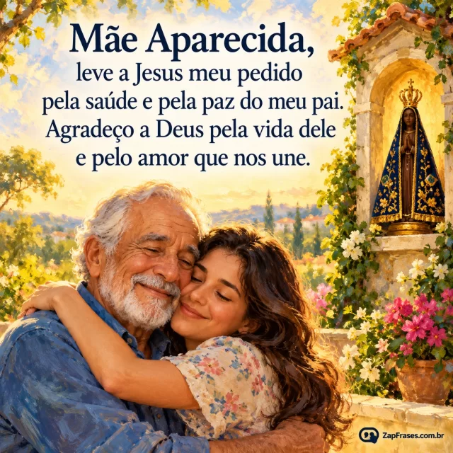 Pai idoso e filha adulta abraçados em jardim com pequeno nicho da Padroeira. Arte com a mensagem: Mãe Aparecida, leve a Jesus meu pedido pela saúde e pela paz do meu pai. Agradeço a Deus pela vida dele e pelo amor que nos une.