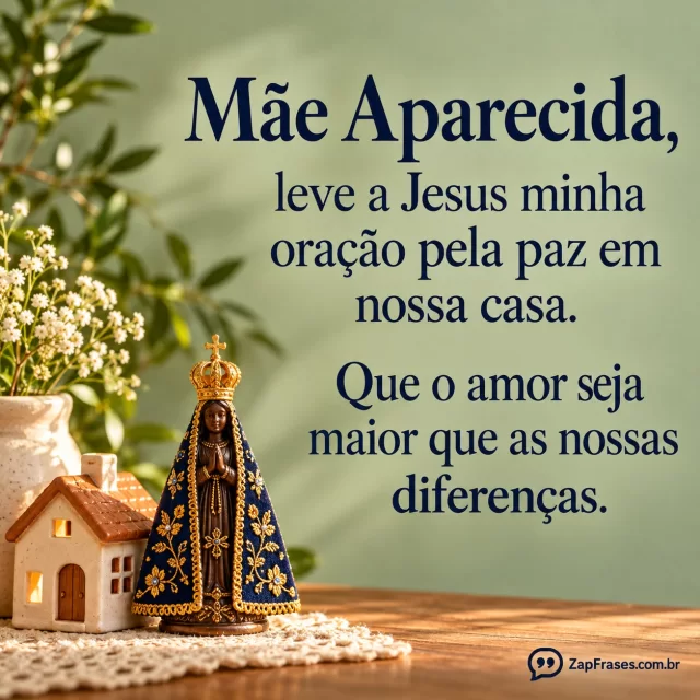Pequena casa de cerâmica e miniatura de Nossa Senhora Aparecida em mesa simples. Arte com a mensagem: Mãe Aparecida, leve a Jesus minha oração pela paz em nossa casa. Que o amor seja maior que as nossas diferenças.