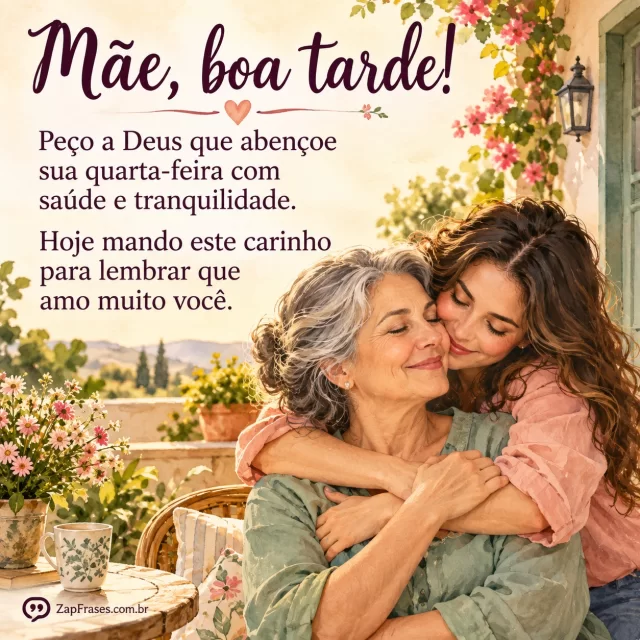 Mãe adulta de cabelos grisalhos recebendo abraço de filha adulta na varanda de casa à tarde. Arte com a mensagem: Mãe, boa tarde! Peço a Deus que abençoe sua quarta-feira com saúde e tranquilidade. Hoje mando este carinho para lembrar que amo muito você.