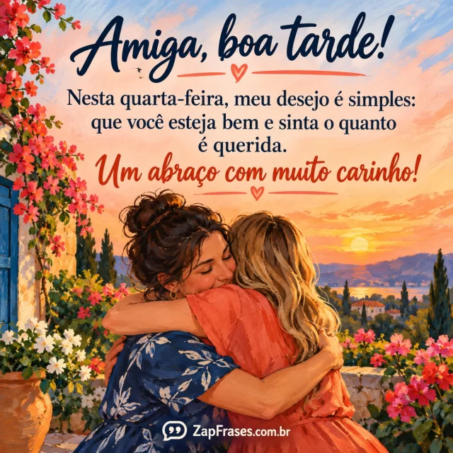 Duas mulheres adultas amigas se abraçam em jardim florido ao entardecer claro, gestos naturais e rostos discretos. Arte com a mensagem: Amiga, boa tarde! Nesta quarta-feira, meu desejo é simples: que você esteja bem e sinta o quanto é querida. Um abraço com muito carinho!