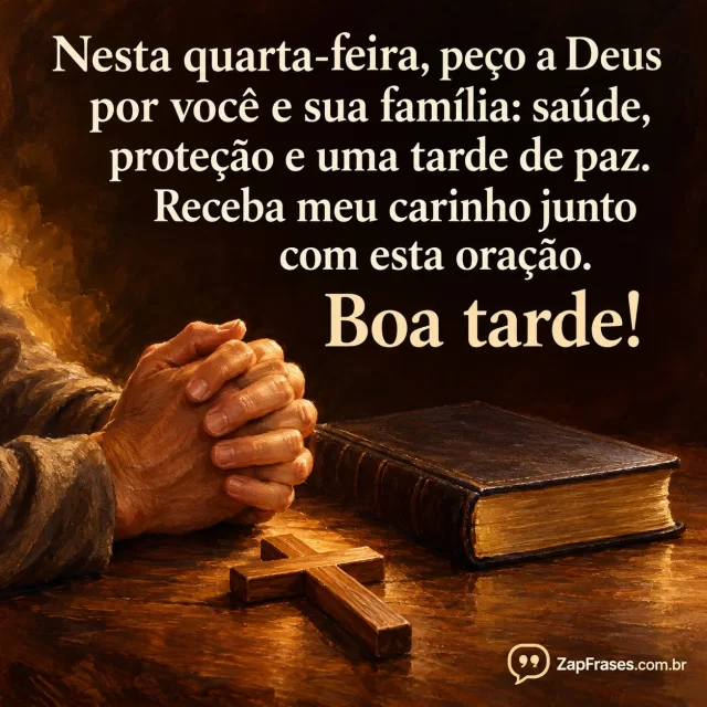Mãos adultas em oração, Bíblia fechada sem letras na capa e pequena cruz de madeira sobre mesa. Arte com a mensagem: Nesta quarta-feira, peço a Deus por você e sua família: saúde, proteção e uma tarde de paz. Receba meu carinho junto com esta oração. Boa tarde!