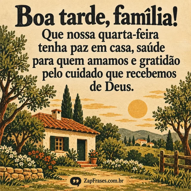 Casa acolhedora cercada por árvores e um jardim simples sob sol da tarde. Arte com a mensagem: Boa tarde, família! Que nossa quarta-feira tenha paz em casa, saúde para quem amamos e gratidão pelo cuidado que recebemos de Deus.