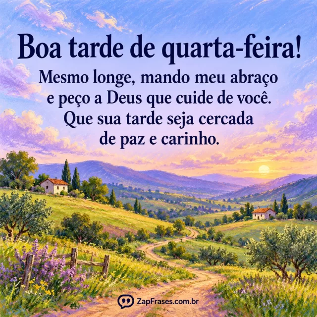 Paisagem ampla de campos e morros com caminho entre duas casas distantes, céu da tarde. Arte com a mensagem: Boa tarde de quarta-feira! Mesmo longe, mando meu abraço e peço a Deus que cuide de você. Que sua tarde seja cercada de paz e carinho.