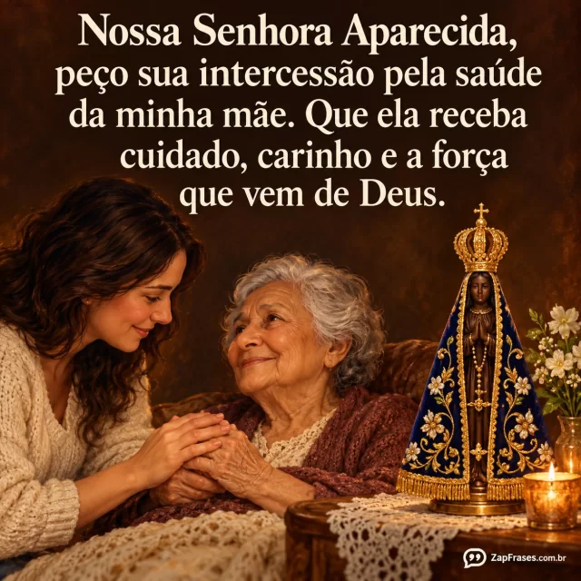 Filha adulta segurando as mãos da mãe idosa junto a pequena imagem devocional de Nossa Senhora Aparecida. Arte com a mensagem: Nossa Senhora Aparecida, peço sua intercessão pela saúde da minha mãe. Que ela receba cuidado, carinho e a força que vem de Deus.