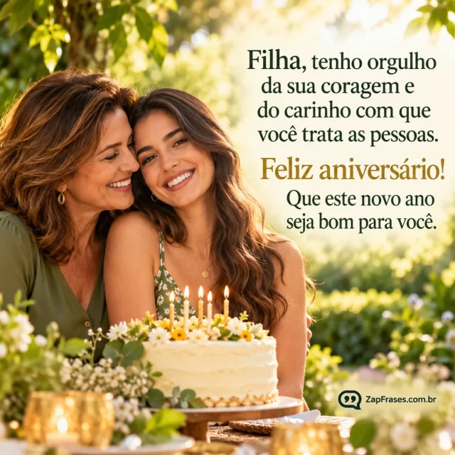 Mãe e filha adulta sorrindo ao lado de bolo em jardim, topo limpo. Arte com a mensagem: Filha, tenho orgulho da sua coragem e do carinho com que você trata as pessoas. Feliz aniversário! Que este novo ano seja bom para você.