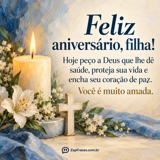 Vela delicada junto a pequena cruz e flores brancas, base leve. Arte com a mensagem: Feliz aniversário, filha! Hoje peço a Deus que lhe dê saúde, proteja sua vida e encha seu coração de paz. Você é muito amada.