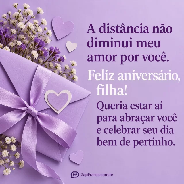 Envelope com laço e coração em papel lilás, composição lateral. Arte com a mensagem: A distância não diminui meu amor por você. Feliz aniversário, filha! Queria estar aí para abraçar você e celebrar seu dia bem de pertinho.