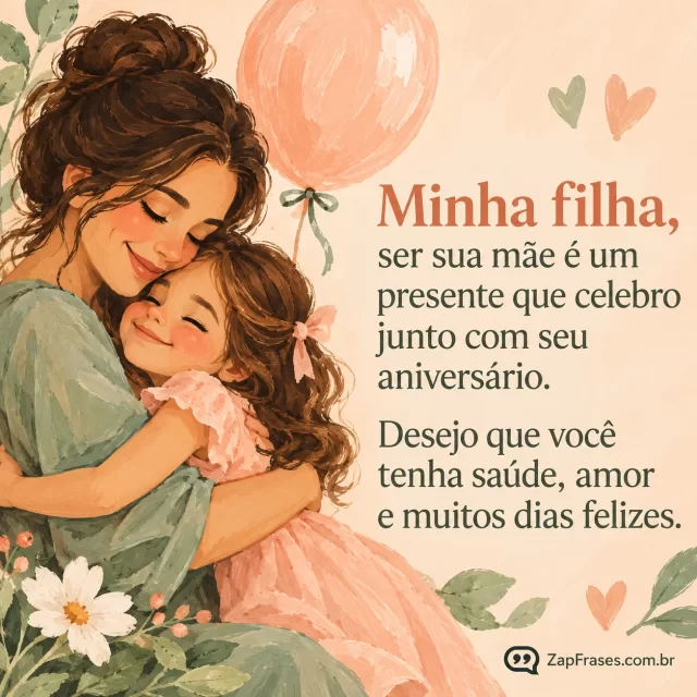 Mãe e filha pequena abraçadas com um balão delicado. Arte com a mensagem: Minha filha, ser sua mãe é um presente que celebro junto com seu aniversário. Desejo que você tenha saúde, amor e muitos dias felizes.