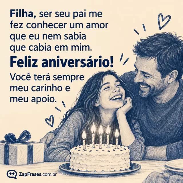 Pai e filha adolescente rindo junto a bolo simples. Arte com a mensagem: Filha, ser seu pai me fez conhecer um amor que eu nem sabia que cabia em mim. Feliz aniversário! Você terá sempre meu carinho e meu apoio.