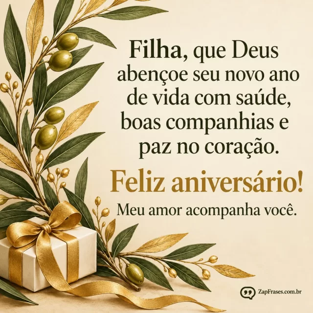 Ramo de oliveira e pequena fita de presente em composição diagonal. Arte com a mensagem: Filha, que Deus abençoe seu novo ano de vida com saúde, boas companhias e paz no coração. Feliz aniversário! Meu amor acompanha você.