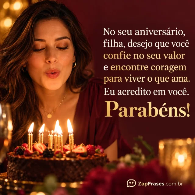 Mulher adulta soprando vela em celebração discreta, área de texto limpa. Arte com a mensagem: No seu aniversário, filha, desejo que você confie no seu valor e encontre coragem para viver o que ama. Eu acredito em você. Parabéns!