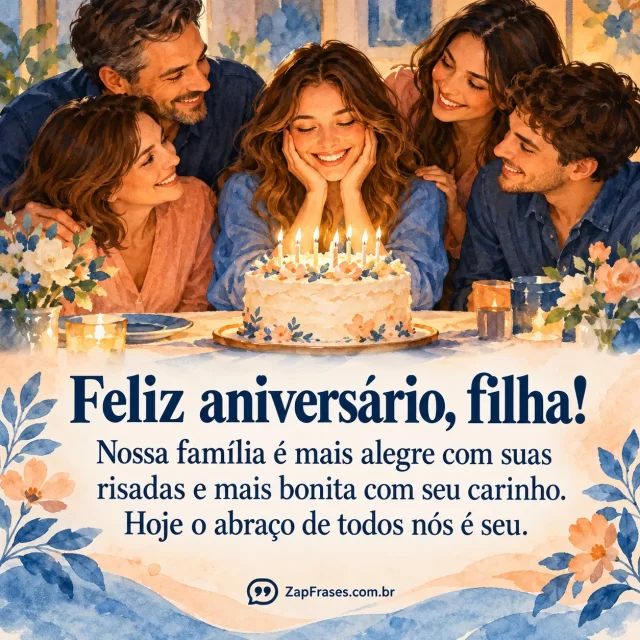 Família celebrando filha adulta com bolo, vinheta na parte inferior. Arte com a mensagem: Feliz aniversário, filha! Nossa família é mais alegre com suas risadas e mais bonita com seu carinho. Hoje o abraço de todos nós é seu.