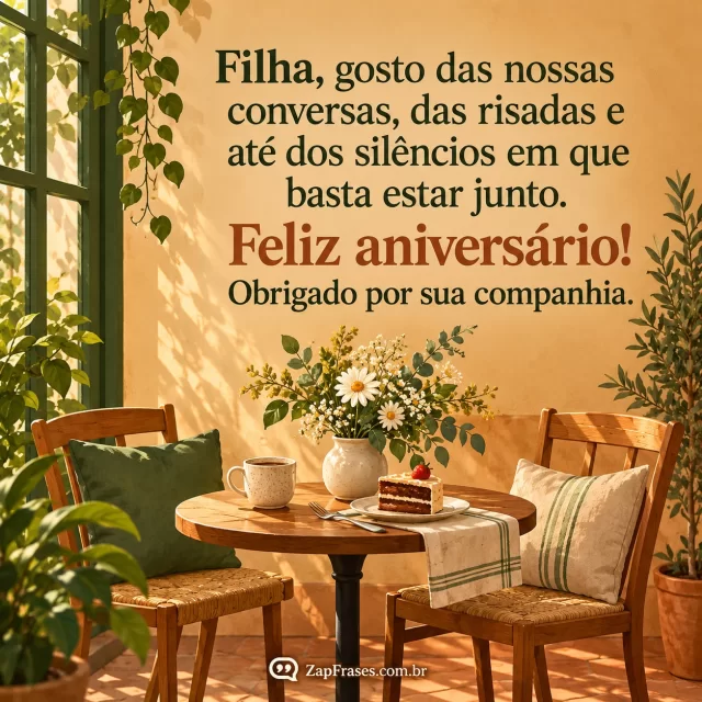 Duas cadeiras perto de mesa com fatia de bolo e flores. Arte com a mensagem: Filha, gosto das nossas conversas, das risadas e até dos silêncios em que basta estar junto. Feliz aniversário! Obrigado por sua companhia.
