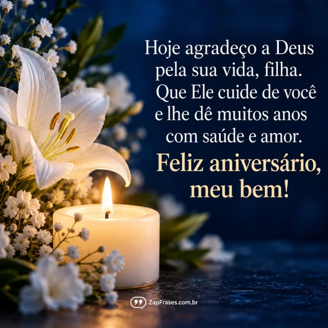 Vela e flores brancas em macro com fundo azul noturno. Arte com a mensagem: Hoje agradeço a Deus pela sua vida, filha. Que Ele cuide de você e lhe dê muitos anos com saúde e amor. Feliz aniversário, meu bem!