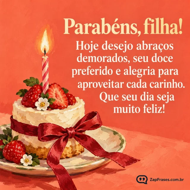 Pequena sobremesa com vela e laço, espaço negativo coral. Arte com a mensagem: Parabéns, filha! Hoje desejo abraços demorados, seu doce preferido e alegria para aproveitar cada carinho. Que seu dia seja muito feliz!