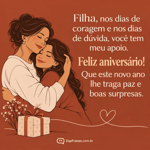 Abraço de mãe e filha adulta em traço simples, presente discreto. Arte com a mensagem: Filha, nos dias de coragem e nos dias de dúvida, você tem meu apoio. Feliz aniversário! Que este novo ano lhe traga paz e boas surpresas.