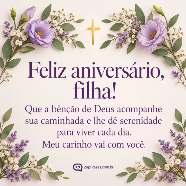 Pequena cruz dourada entre ramos florais, frase protagonista. Arte com a mensagem: Feliz aniversário, filha! Que a bênção de Deus acompanhe sua caminhada e lhe dê serenidade para viver cada dia. Meu carinho vai com você.