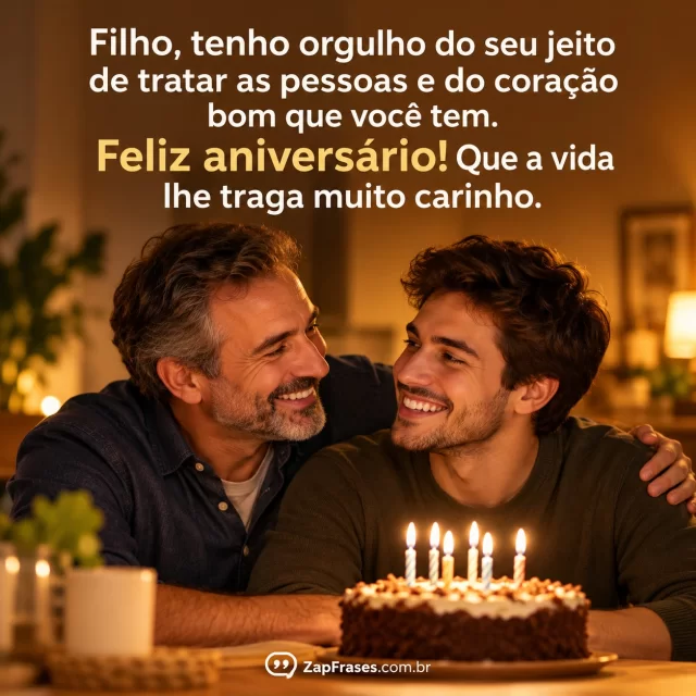 Pai e filho adulto sorrindo perto de bolo simples, área superior limpa. Arte com a mensagem: Filho, tenho orgulho do seu jeito de tratar as pessoas e do coração bom que você tem. Feliz aniversário! Que a vida lhe traga muito carinho.