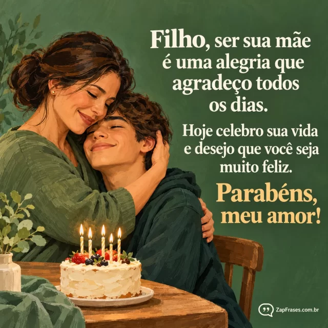 Mãe abraçando filho adolescente ao lado de pequeno bolo, fundo reservado. Arte com a mensagem: Filho, ser sua mãe é uma alegria que agradeço todos os dias. Hoje celebro sua vida e desejo que você seja muito feliz. Parabéns, meu amor!