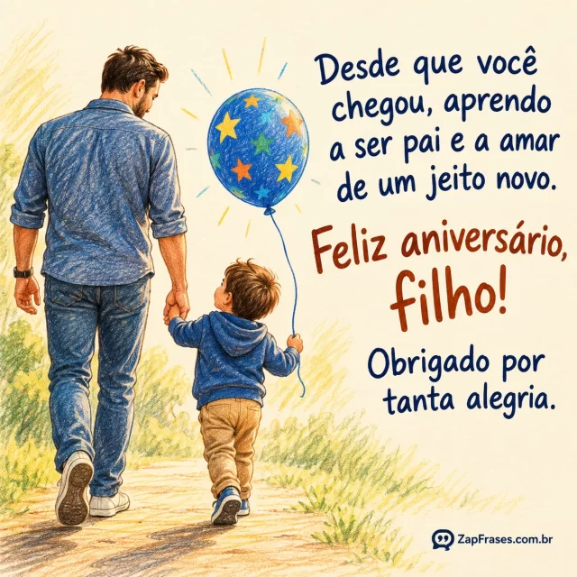 Pai e filho pequeno de mãos dadas com um balão de aniversário. Arte com a mensagem: Desde que você chegou, aprendo a ser pai e a amar de um jeito novo. Feliz aniversário, filho! Obrigado por tanta alegria.