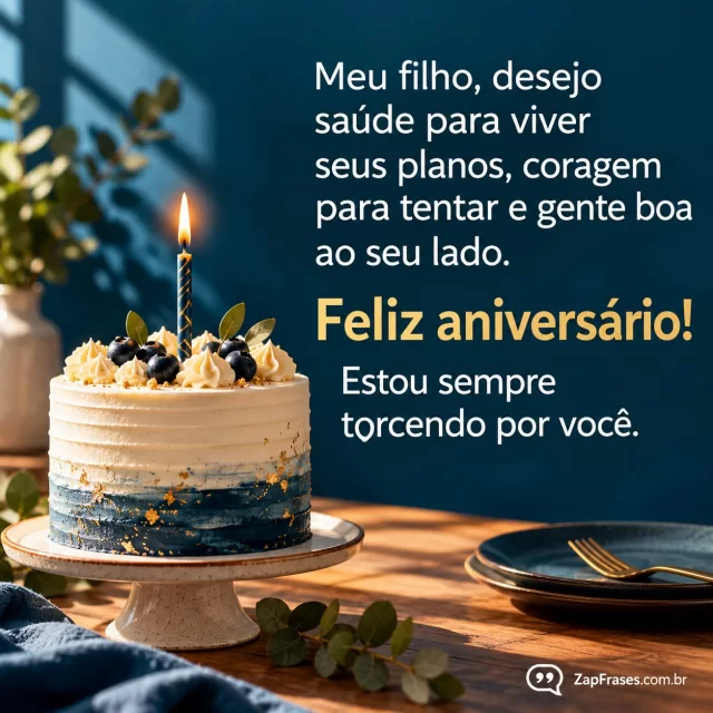 Bolo moderno de uma vela em mesa com luz solar, muito espaço para texto. Arte com a mensagem: Meu filho, desejo saúde para viver seus planos, coragem para tentar e gente boa ao seu lado. Feliz aniversário! Estou sempre torcendo por você.
