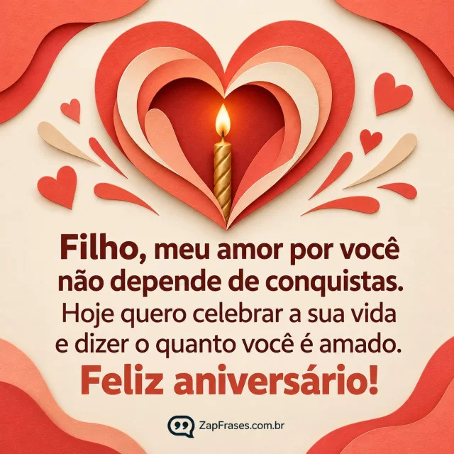 Coração feito de papel recortado com detalhe de vela dourada. Arte com a mensagem: Filho, meu amor por você não depende de conquistas. Hoje quero celebrar a sua vida e dizer o quanto você é amado. Feliz aniversário!