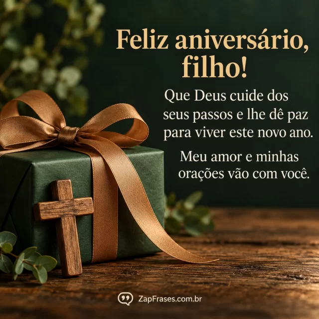 Pequena cruz de madeira ao lado de presente com fita, composição assimétrica. Arte com a mensagem: Feliz aniversário, filho! Que Deus cuide dos seus passos e lhe dê paz para viver este novo ano. Meu amor e minhas orações vão com você.