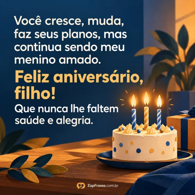 Pequeno bolo com velas e brilho suave, texto protagonista. Arte com a mensagem: Você cresce, muda, faz seus planos, mas continua sendo meu menino amado. Feliz aniversário, filho! Que nunca lhe faltem saúde e alegria.