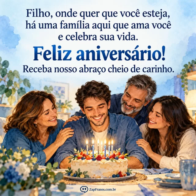 Família adulta reunida em torno de bolo, plano inferior e topo liso. Arte com a mensagem: Filho, onde quer que você esteja, há uma família aqui que ama você e celebra sua vida. Feliz aniversário! Receba nosso abraço cheio de carinho.