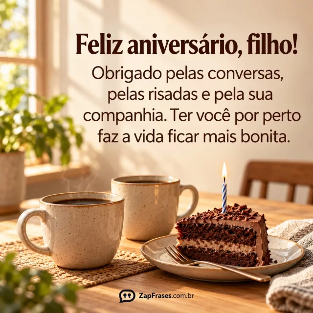 Duas xícaras e fatia de bolo numa mesa, luz de janela. Arte com a mensagem: Feliz aniversário, filho! Obrigado pelas conversas, pelas risadas e pela sua companhia. Ter você por perto faz a vida ficar mais bonita.