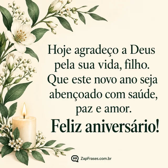 Ramo floral fino envolvendo apenas um canto e pequena vela. Arte com a mensagem: Hoje agradeço a Deus pela sua vida, filho. Que este novo ano seja abençoado com saúde, paz e amor. Feliz aniversário!