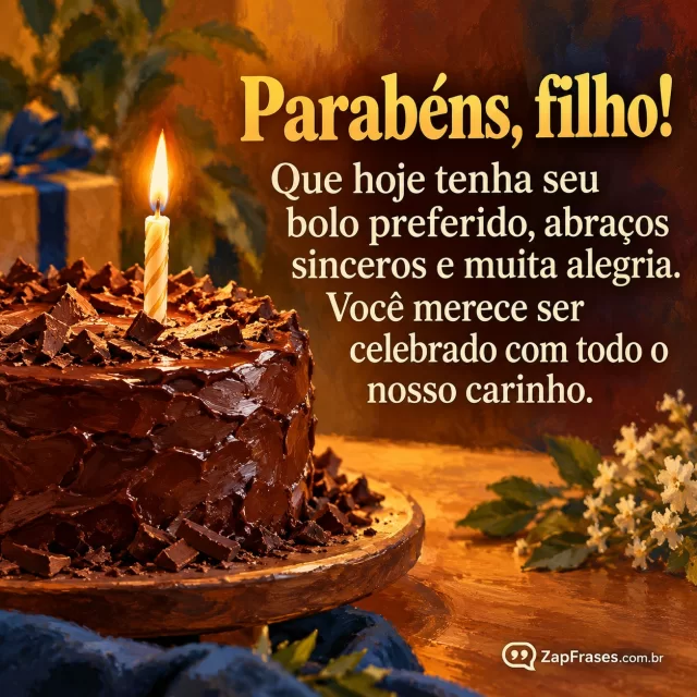 Bolo de chocolate com uma vela, composição festiva sem excesso. Arte com a mensagem: Parabéns, filho! Que hoje tenha seu bolo preferido, abraços sinceros e muita alegria. Você merece ser celebrado com todo o nosso carinho.