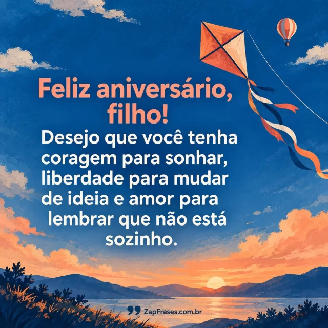 Pipa e um pequeno balão no céu, base lisa para dedicatória. Arte com a mensagem: Feliz aniversário, filho! Desejo que você tenha coragem para sonhar, liberdade para mudar de ideia e amor para lembrar que não está sozinho.