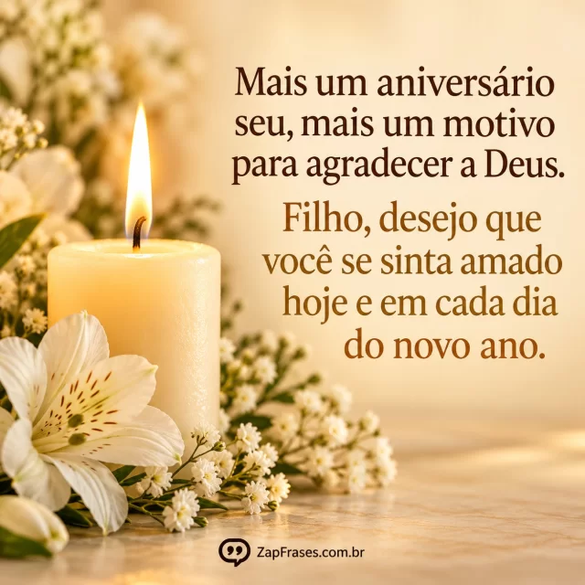 Vela única brilhando junto a flores brancas, fundo creme. Arte com a mensagem: Mais um aniversário seu, mais um motivo para agradecer a Deus. Filho, desejo que você se sinta amado hoje e em cada dia do novo ano.