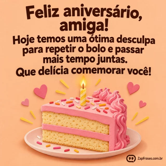Um grande pedaço de bolo rosa com vela amarela no terço inferior, sombras suaves e fundo pêssego liso; texto em sans marrom.. Arte com a mensagem: Feliz aniversário, amiga! Hoje temos uma ótima desculpa para repetir o bolo e passar mais tempo juntas. Que delícia comemorar você!