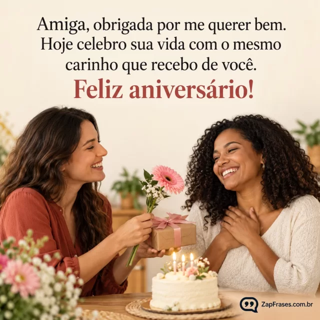 Duas mulheres adultas sorrindo, uma entrega uma flor e um pequeno presente à outra junto a bolo simples; parte superior livre creme natural para texto.. Arte com a mensagem: Amiga, obrigada por me querer bem. Hoje celebro sua vida com o mesmo carinho que recebo de você. Feliz aniversário!